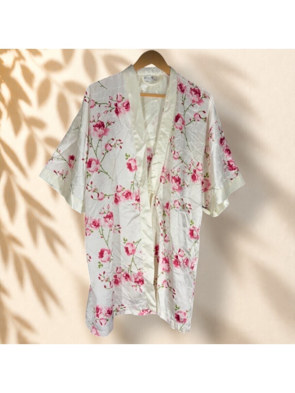 Sante Robe Women L Large Beige Floral Short Sleeve Open Front Sleepwear